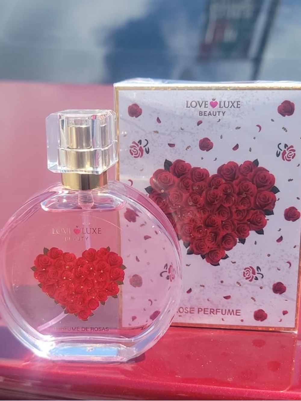 Love Luxe Beauty Rose Perfume - Pink Bottle with Red Rose Heart